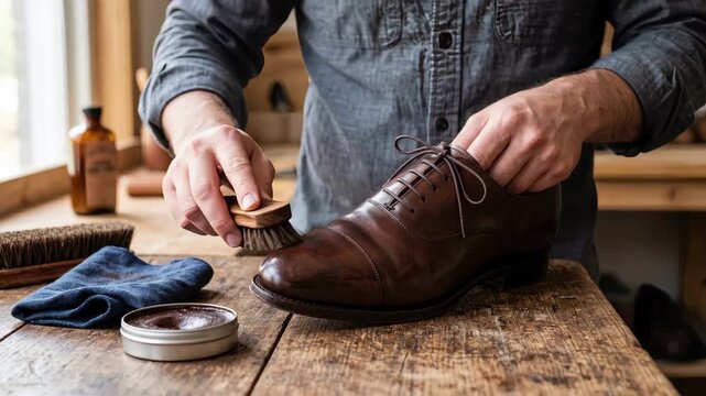 Close-up of a man polishing a brown leather shoe with a brush. Traditional shoe care and maintenance on a rustic wooden table. Craftsmanship concept