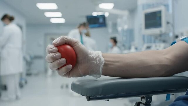 Patient squeezing red stress ball during blood donation