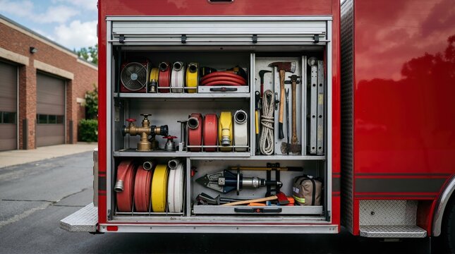 Open equipment storage bay of a red fire truck. Organized rescue tools, coiled hoses, hydraulic cutter, and axes inside vehicle compartment