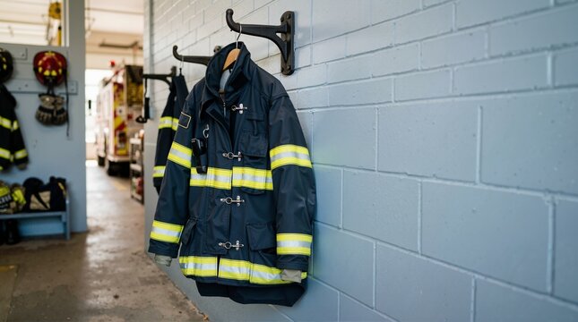 Dark blue firefighter coat hanging on a hook in a fire station. Protective turnout gear with reflective stripes on a brick wall