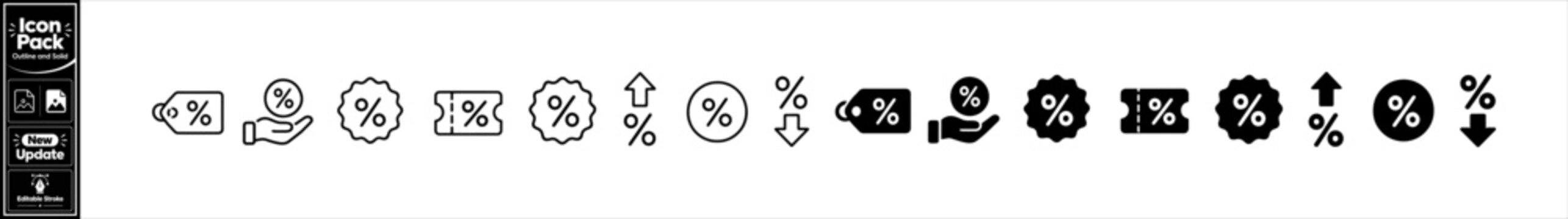 Percentage and tag icons for discounts sales and price reductions on items. Minimal update icon set.