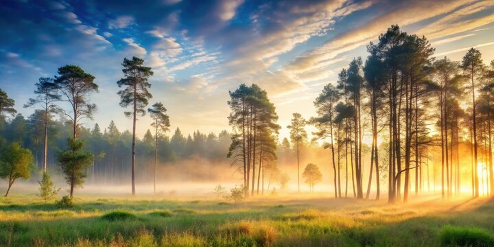 Gentle forest landscape at dawn with mist rising from the ground and trees standing tall in harmony with nature's rhythm, balance