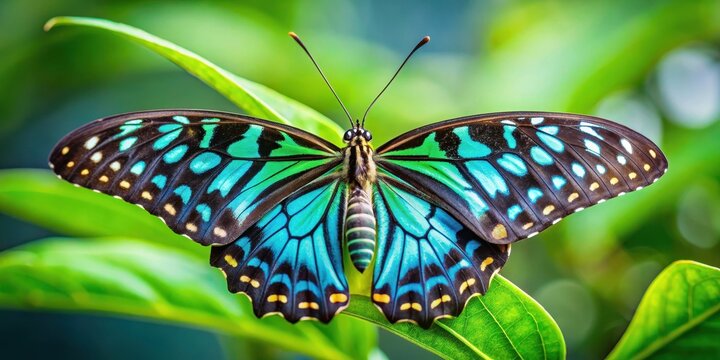Vibrant blue and black Graphium sarpedon butterfly perched on a leaf with delicate veins, its wings slightly fluttered, black