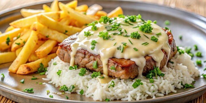 Tender beef steak topped with melted cheese and herbs, served on a bed of fluffy white rice and crispy golden chips , chips, parmesan