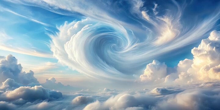 Swirling clouds in soft blue sky with white and grey hues, gentle wind blows, misty atmosphere, serene landscape