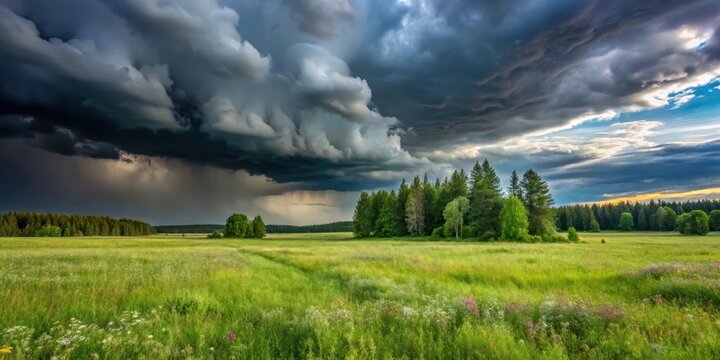 Dark storm clouds gather over a vast green field with tall trees and scattered wildflowers on a windswept day , stormy weather, natural light effects