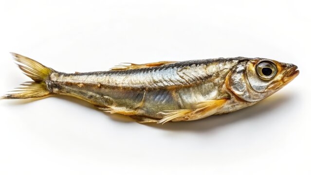 High-quality image of a single raw dried anchovy on a white surface, showcasing its texture and scale details , fish, culinary