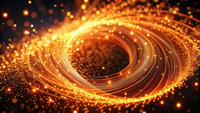 Swirling orange particles suspended in a translucent optical fiber