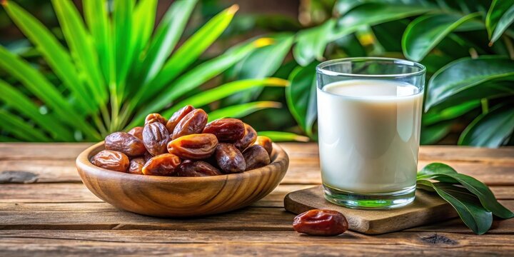 A delicate glass of warm milk sitting on a wooden table surrounded by lush greenery and sweet golden dates arranged artfully in a shallow bowl, health, Refreshing blend of sweet dates and creamy milk