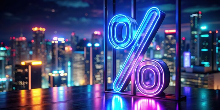Vibrant glass neon percent sign on a dark stage with a hint of city lights in the background, contemporary style, urban night scene