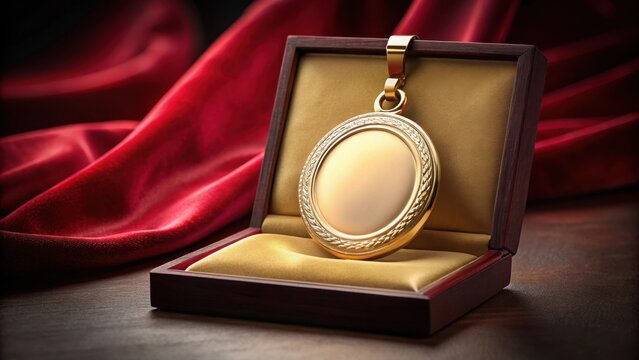 Elegant gold medal or locket sitting on a velvet display stand, high-end, locket,  high-end, locket, antique