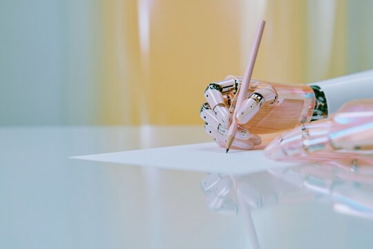 Humanoid robot hand writing with a pink pencil on a blank sheet of paper, featuring translucent glass textures and soft lighting for AI automation concepts, copy space