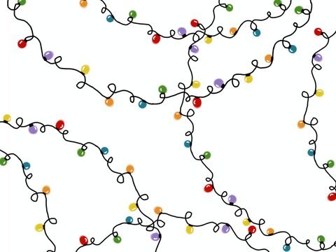 Seamless vector background with tangled Christmas string lights and colorful bulbs on a white background