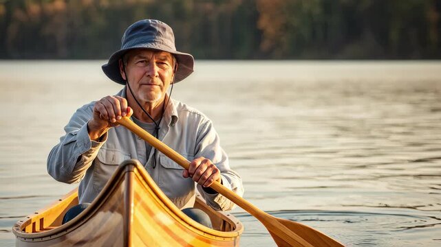 Elderly man paddling a wooden canoe on a lake. Senior enjoying outdoor recreation and nature exploration during golden hour
