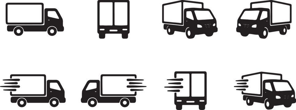 Delivery truck icon set in black silhouettes represents cargo shipping and fast logistics services.