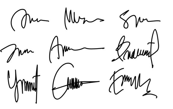 Set signature doodle, Hand written. Collection of signatures fictitious Autograph. illustration set of hand drawn name imprint. Handwritten signature for signed papers and documents. Random fake