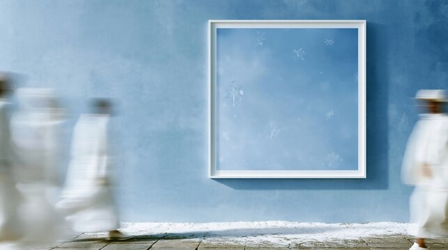 Blank framed panel on a grit textured ice blue wall with blurred people passing by, a cold wintry mockup for art and design