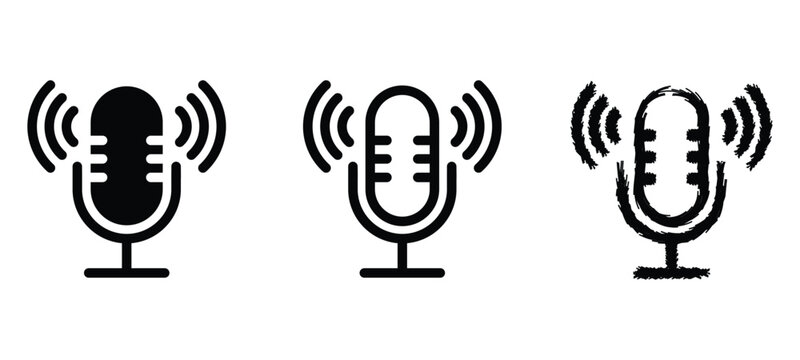 Microphone Icons Set. Containing Mic in Solid style, Outline, and Hand-Drawn Styles for Audio, Recording, and Voice symbol Vector stock illustration