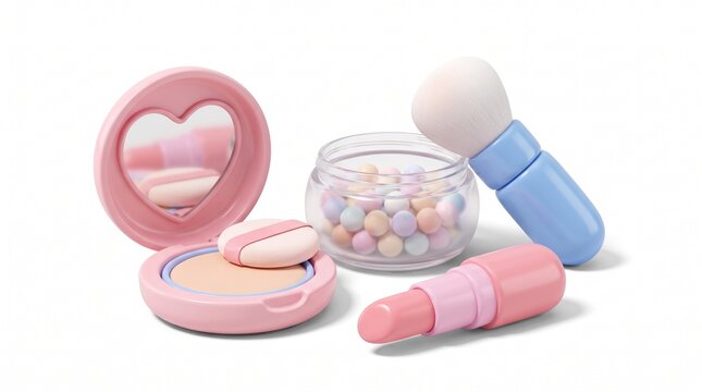 Pastel pink makeup set for children, toy cosmetics collection with lipstick and brush, cute pretend play beauty kit on white background