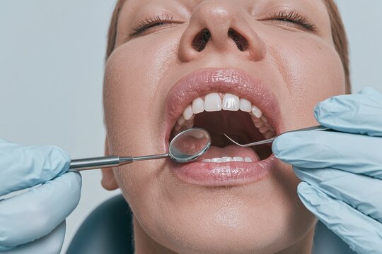 Patient's open mouth during a dental exam, showing polished teeth and moist lips with steel tools for dental care and cavity treatment