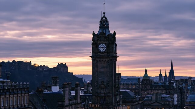 Dramatic violet dusk sky over Edinburgh's historic cityscape and clock tower
