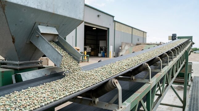 Granular fertilizer loading onto a conveyor belt at an agricultural facility. Industrial feeding process for crop production and farming equipment