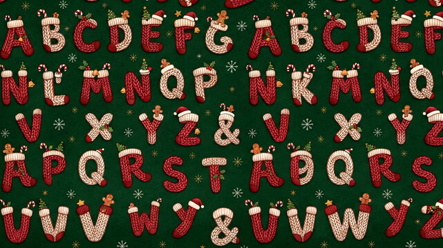 Seamless Christmas alphabet pattern featuring knitted sock letters, gingerbread men, candy canes, and festive decorations on a dark green background. Perfect for holiday wrapping paper and textiles.