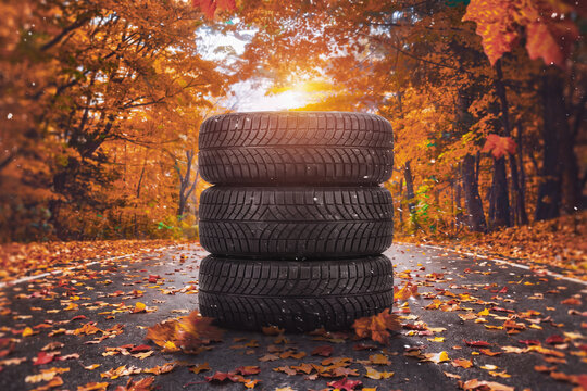 Car tires with a great profile on the autumn street. Set of summer or winter tires.
