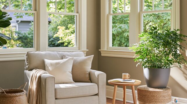 Cozy armchair by the window with a plant and a small side table