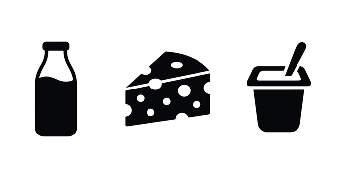 Collection of dairy food icons featuring milk bottle cheese wedge and yogurt cup dairy products healthy eating nutrition supermarket shopping silhouette minimalist