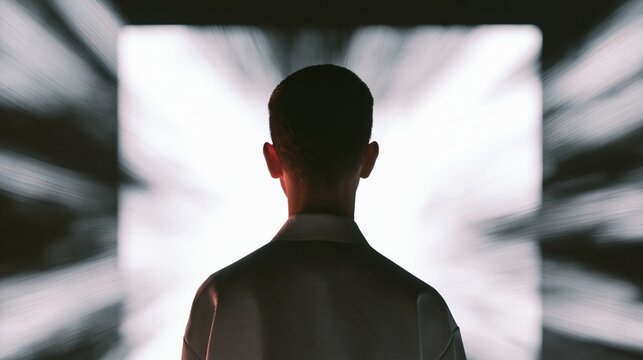 Anonymous man viewed from behind facing a bright glowing screen, conceptual image of digital technology and the unknown future