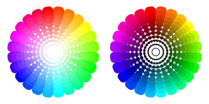 Vibrant circular color wheel design featuring two spectrum wheels with tint (light center) and shade (dark center) gradients, showing full spectrum hues from red, orange, yellow, green, blue, to magen