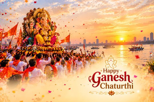 Happy Ganesh Chaturthi banner with Lord Ganesha idol immersion at river bank during vibrant sunset celebration