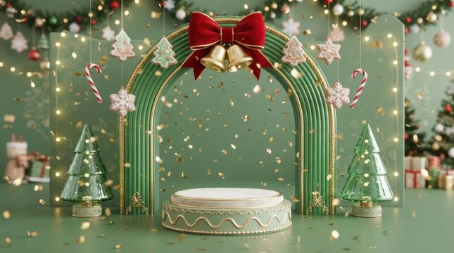 Merry Christmas Festive product display stand with christmas cookies and golden bells for holiday marketing on merry christmas day event