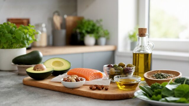 Healthy unsaturated fat food sources on kitchen counter. Balanced nutrition and healthy eating concept