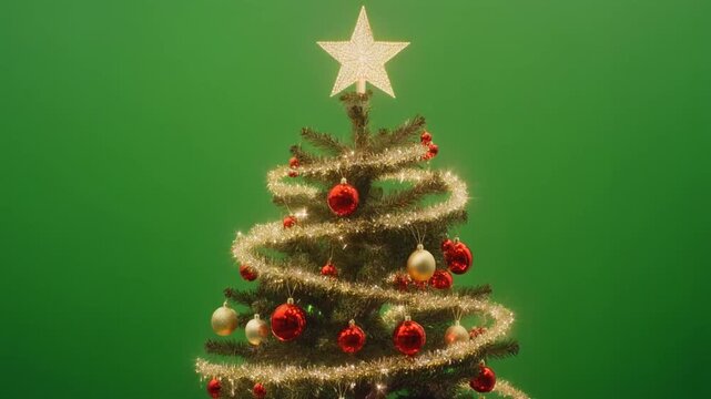 adorned Christmas tree sparkling on green screen