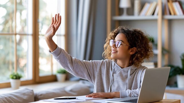 Student raising hand during live online class with laptop and blank screen