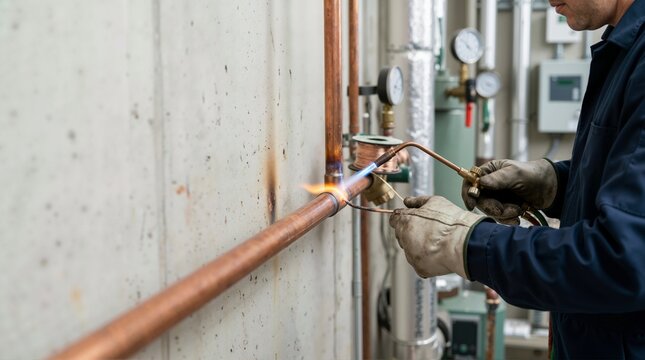 Technician brazing copper pipe joint with a torch. HVAC service worker soldering copper tubing in utility room