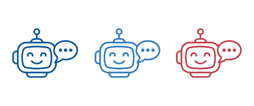 Set of cute robotic head icons with speech bubbles and communication dots in line art style robot head chatbot icon