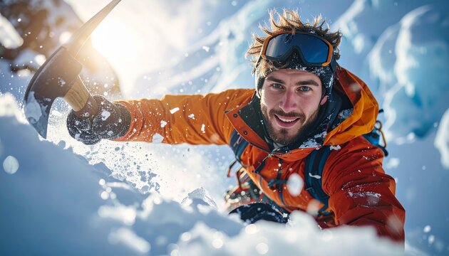 Adventurous man climbing snowy mountain with ice axe.