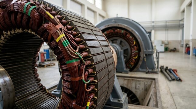 Heavy industrial stator winding for hydroelectric generator. Large copper coil core in power plant manufacturing facility