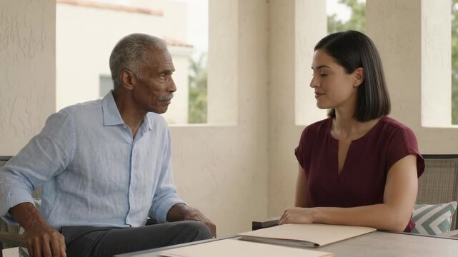 Senior man and younger woman conversing during a meeting on a bright patio