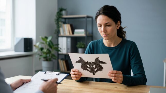 Woman viewing Rorschach inkblot test card during therapy session. Psychological evaluation and mental health concept