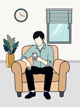 Man sitting in beige armchair in an indoor room with a window, holding and using a smartphone. Flat vector illustration showing modern digital lifestyle, remote work or leisure concept.