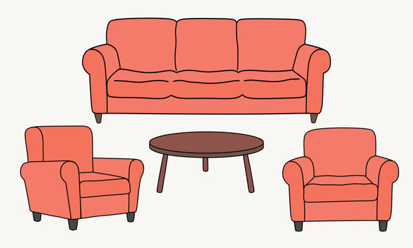 Orange living room furniture set with three-seater sofa, two armchairs and round coffee table, flat illustration for interior design, furniture catalog and home decor concepts