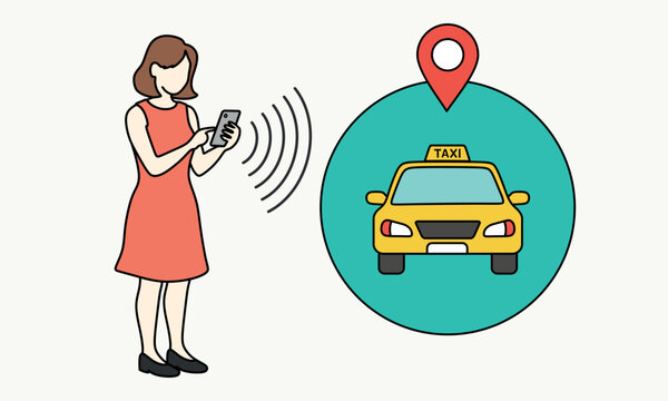 Woman in red dress standing and using smartphone to order taxi with location pin. Flat illustration showing ride hailing app, GPS tracking and online transportation booking service.