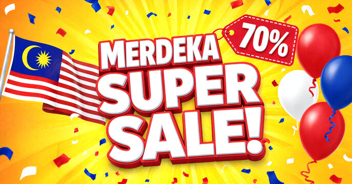 Bright and colorful merdeka independence day super sale banner with discount tag and flag celebration