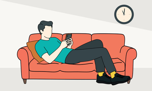 Man lying on orange sofa with pillow using smartphone, wall clock showing time, flat illustration depicting procrastination, boredom and time wasting, modern lifestyle and leisure concept