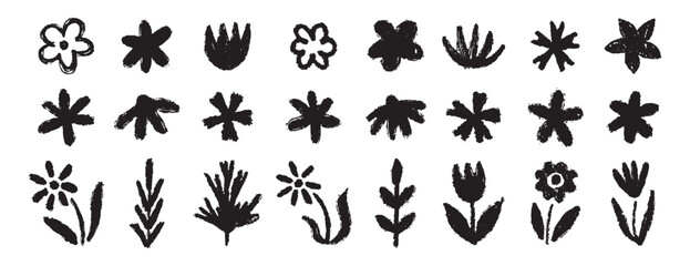 Obraz premium Grunge trendy doodle flowers leaves set. Hand drawn brush flowers crayon, chalk texture. Flowers textured collection