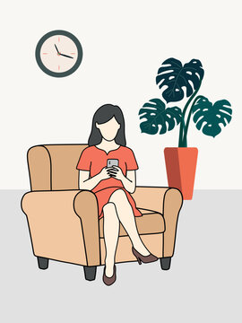 Woman sitting in beige armchair using smartphone, wall clock and plant in background, flat illustration showing remote work, blogging or taking a break, modern digital lifestyle concept.